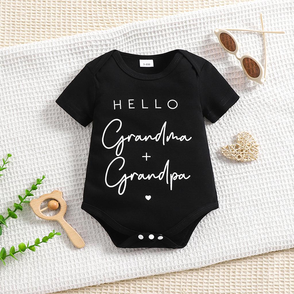 6-18 Months Infant Baby "Hello Granma + Grandpa" Print Cotton Bodysuit Short Sleeve Romper Onesie