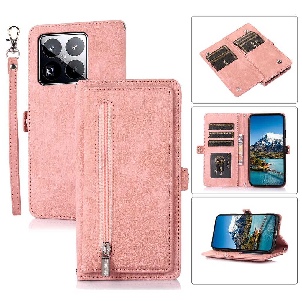 Чехол для Xiaomi 15 Pro с карманом на молнии, 9 слотами для карт, кожаный чехол для телефона из ПУ с ремешком на запястье