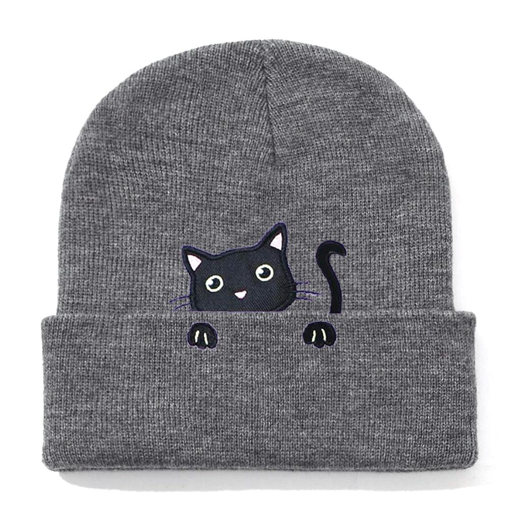 Knit Skull Hat with Embroidered Lovely Kitten Hat Knit Caps for Unisex Pullover Cartoon Hat Embroidered Skull Caps