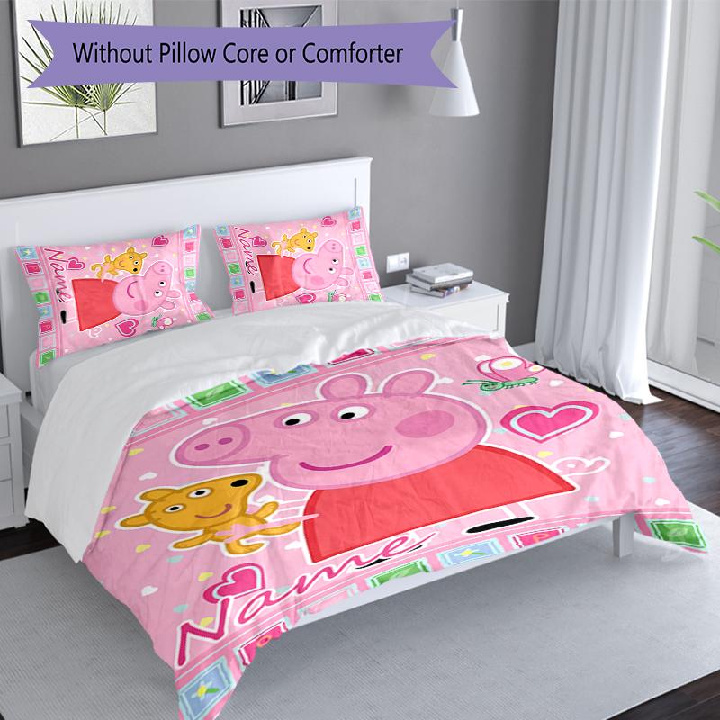 3pcs Custom Name Peppa Pig Bedding Set,Includes 1 Duvet Cover and 2 Pillowcases,All-season Bedroom Decor