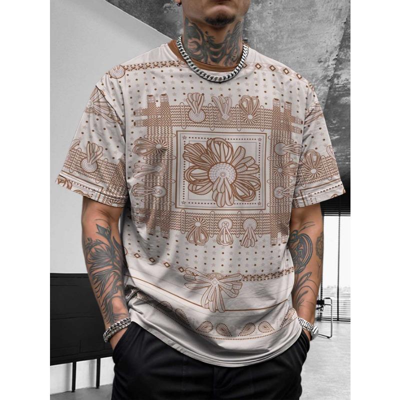 Bohemian Bandana Patterned Short - Sleeve Tops Summer Round Neck 3D Print Fashionable Casual Men's T-shirts