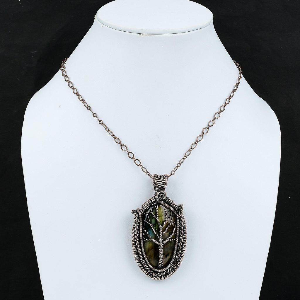Подвеска из лабрадорита «Дерево жизни», обернутая медной проволокой, оригинальный кулон из драгоценных камней, медные украшения ручной работы, украшения из дерева жизни для подарка