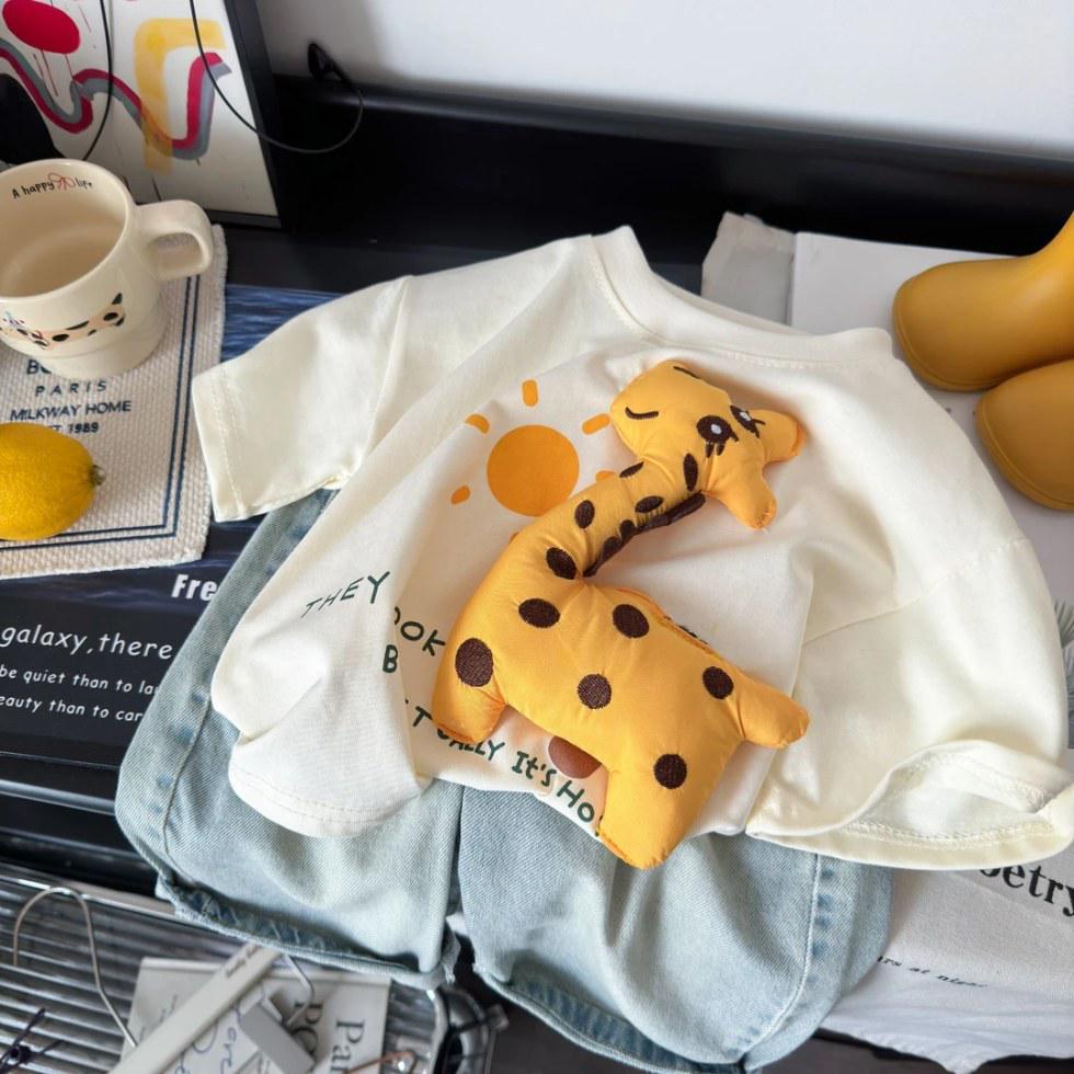 Унисекс Детская Милая Хлопковая Футболка с 3D Жирафом, Короткий Рукав, Летний Стиль