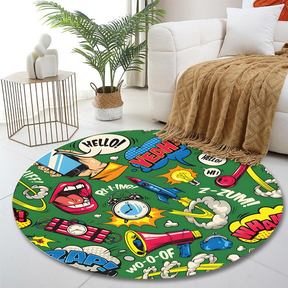 Colorful Pop Art Comic Style Collage Print round rug, living room, bedroom, playroom carpet, non slip floor mat, gift