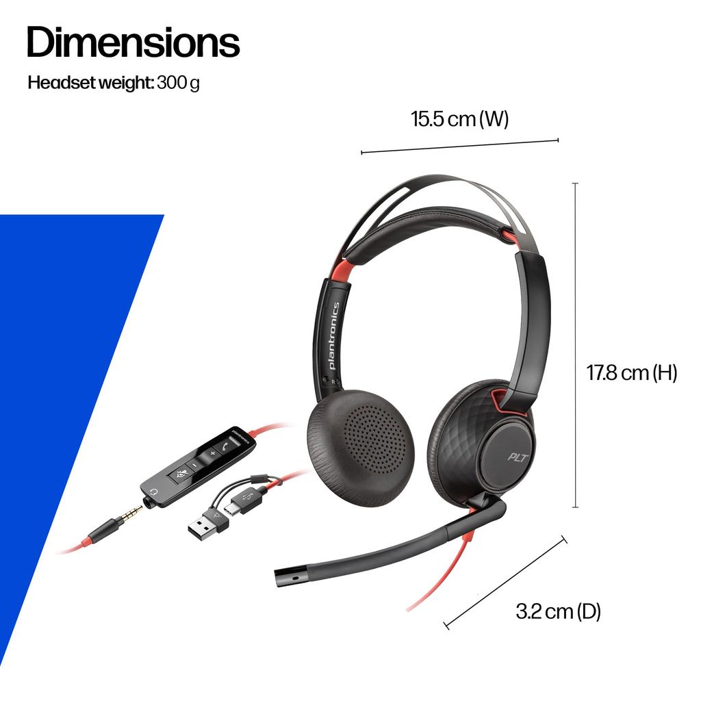 Проводная гарнитура Poly Blackwire 5220 с шумоподавлением для веб-конференций Plantronics Polycom 9P7X6AA (USB-C и 3,5 мм подключение, Шумоподавление, Микрофон,