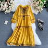 Holiday Retro Ethnic Embroidery Dresses Women Vintage V-neck Tassel Lace Up Dress Party Long Sleeve Fashion Long Dress Loose New