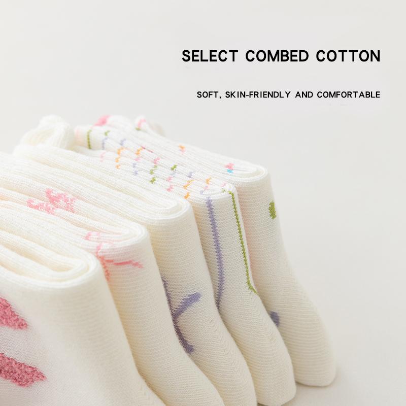 5 Pairs Girls Bow Tie Mid Calf Socks Sweet Combed Cotton Solid Breathable Comfortable Children Socks For Kids