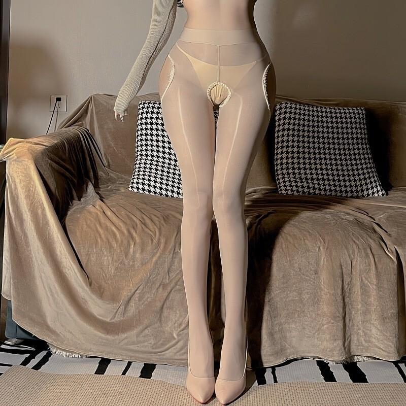 Масляные Шелковые Чулки Комбинезон Чулки с Лошадиным Маслом Шелковисто-Гладкие Блестящие Женские Леггинсы Четырехсторонний Открытый Крой Черный Шелк Черный YE32