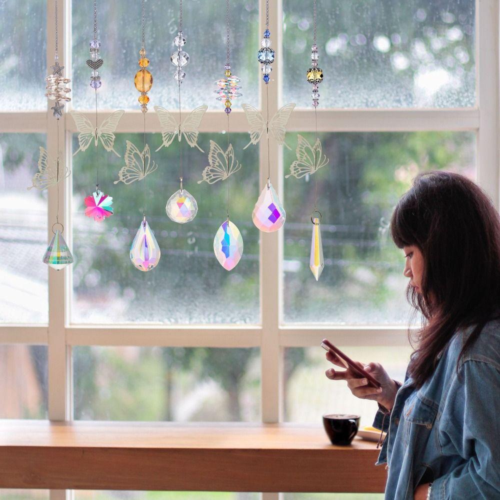7Pcs Coloured Crystal Suncatcher Hanging Light Collection Pendant Wind Chime Landscape