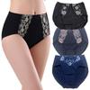 Vise Panties Cotton Deep Size Floral Embroidery Women's Deep-Leg Set, Blend, Lace, 3-Piece Set, M, (ws0007-m, Dark)
