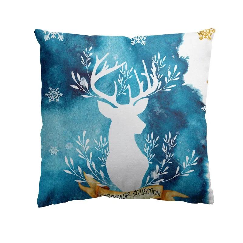 Home Decoration Christmas Blue Elk Plant Pillow House Polyester Cushion Cushion Decoración Navideña Funda De Almohada