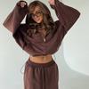 Womens Casual 2-Piece Set: Solid Color Long Sleeve Zip-Up Hooded Sweater Tie-Waist Wide Leg Pants