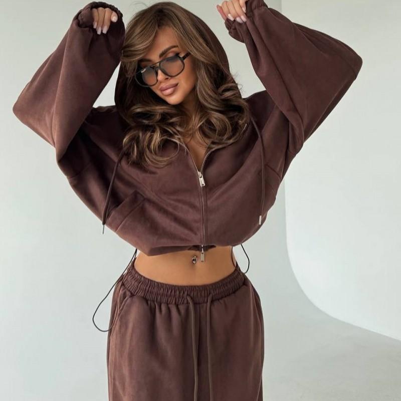 Womens Casual 2-Piece Set: Solid Color Long Sleeve Zip-Up Hooded Sweater Tie-Waist Wide Leg Pants