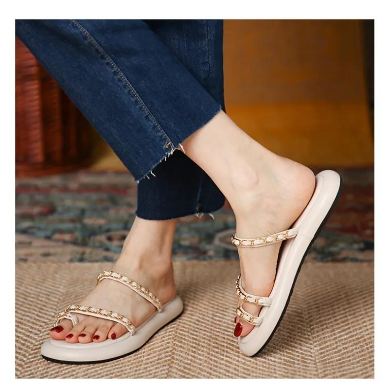 2024 Лето Золотые Новые Брендовые Женские Тапочки Золотые Пряжки Модные Женские Шлепанцы Без Застежек Плоский Каблук Повседневные Шлепанцы Для Отдыха На Природе