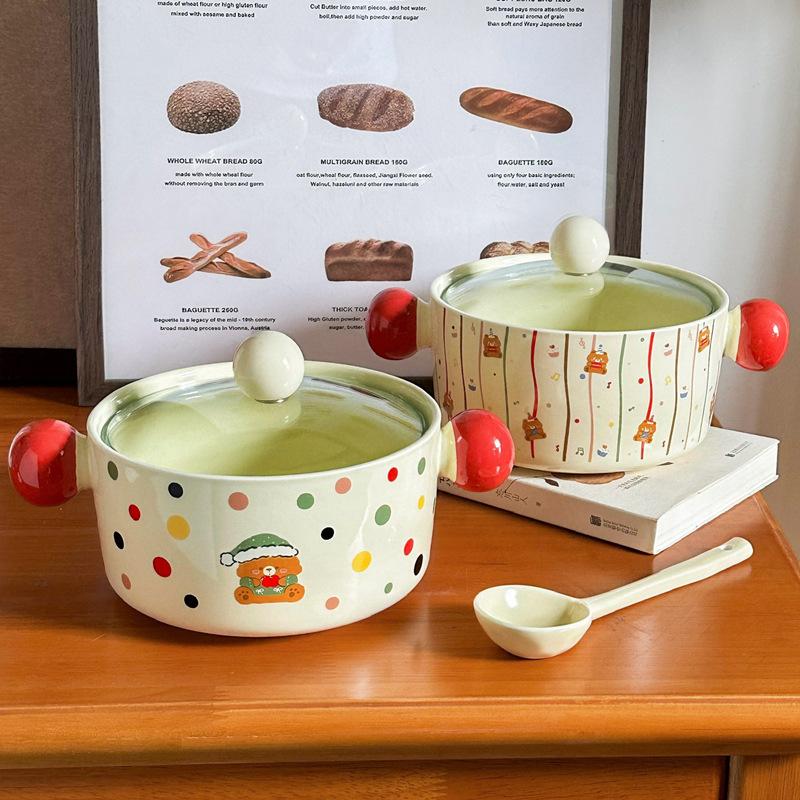 Ins мультяшная керамическая миска для лапши быстрого приготовления в горошек с крышкой, студенческое общежитие, миска для супа с улиткой, двуушная керамическая суповая миска, высококачественная посуда