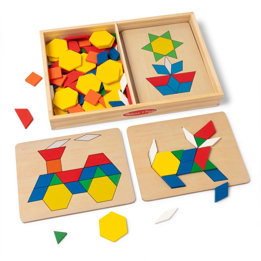 Melissa & Doug Wooden Toy Pattern Blocks with Board, 125 Pieces, Authentic, 29