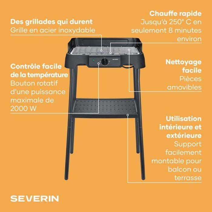 Barbecue électrique sur pieds - SEVERIN - PG8594 - 2000 W - Surface de cuisson 38 x 22 cm - Thermostat réglable - Noir