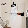 Whimsical Halloween Ghost Statue Hanging Decoration with Witch Hat and Broom, Spooky Flying Party Atmosphere Prop Ornament for Haunted House