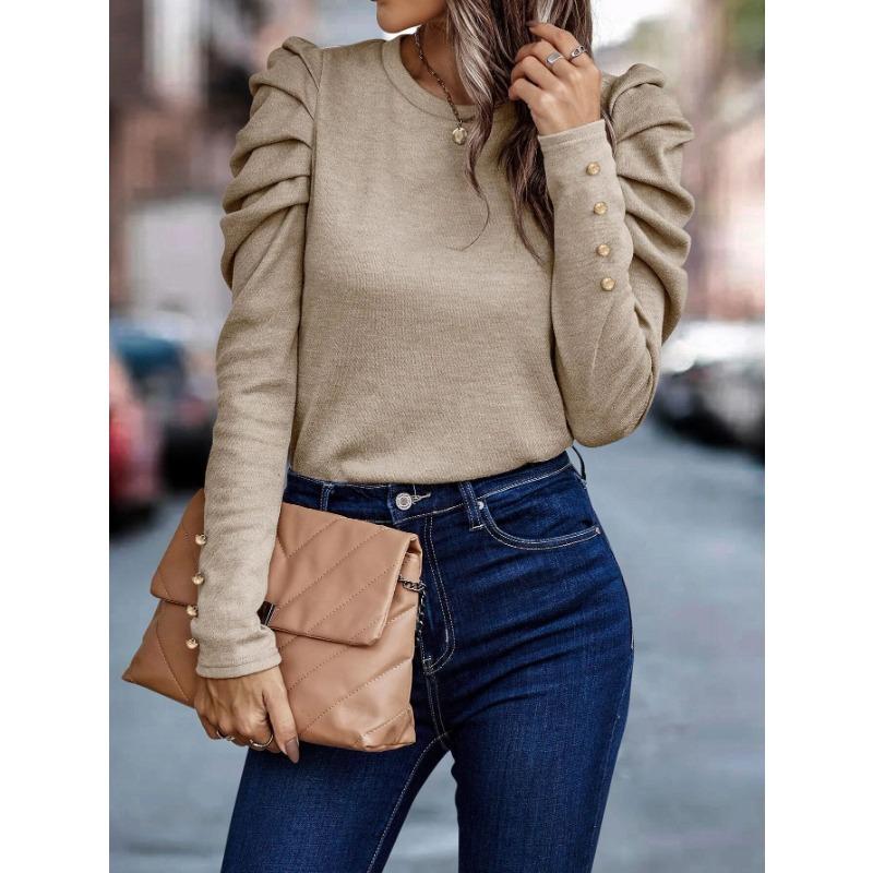 Женская осенне-зимняя новая круглая горловина с рукавами-фонариками и длинными рукавами на пуговицах