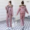 Women's Winter Solid-Color Minimalist Warm Set Thickened Hooded Coat with Large Fur Collar + Pants Two-Piece Set
