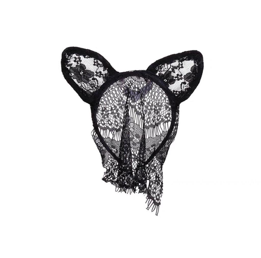 Черная кружевная повязка на голову с кошачьими ушками и маской для глаз - аксессуар для волос на Хэллоуин