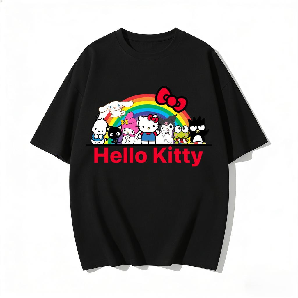Cute Hello Kitty Sanrio Friends Rainbow Print Tshirt Casual Short Sleeve Tees Mom and Daughter Sweet Family Matching Outfits