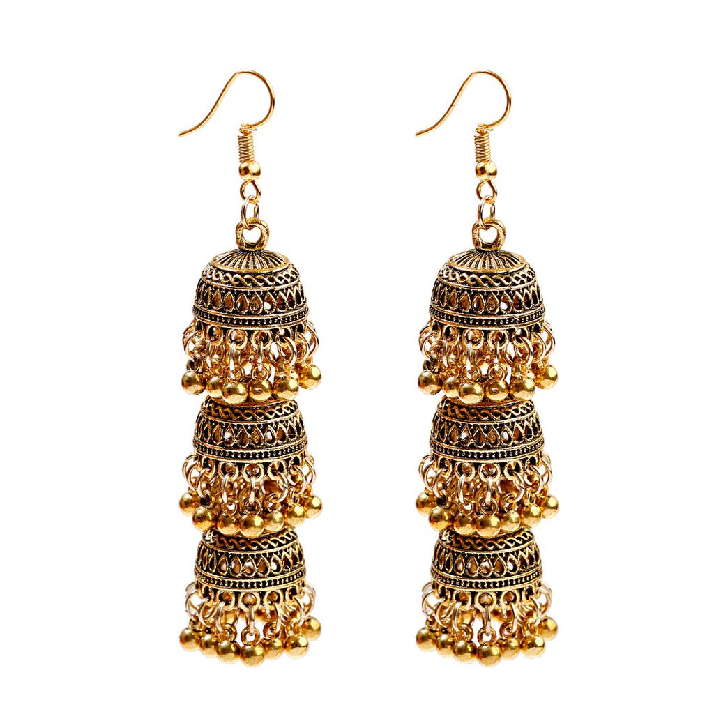 Women‘s Boho Ethnic Gold Copper Plated Jhumka Indian Earring Gypsy Zircon Vintage Big Bells Dangle Hanging Earrings For Women