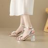 Fashion 2025Summer Latest Women's Sandals Square Head Fashion Crystal Heel High Heel Thick Heel Bow Ankle Buckle Strap Female Shoes