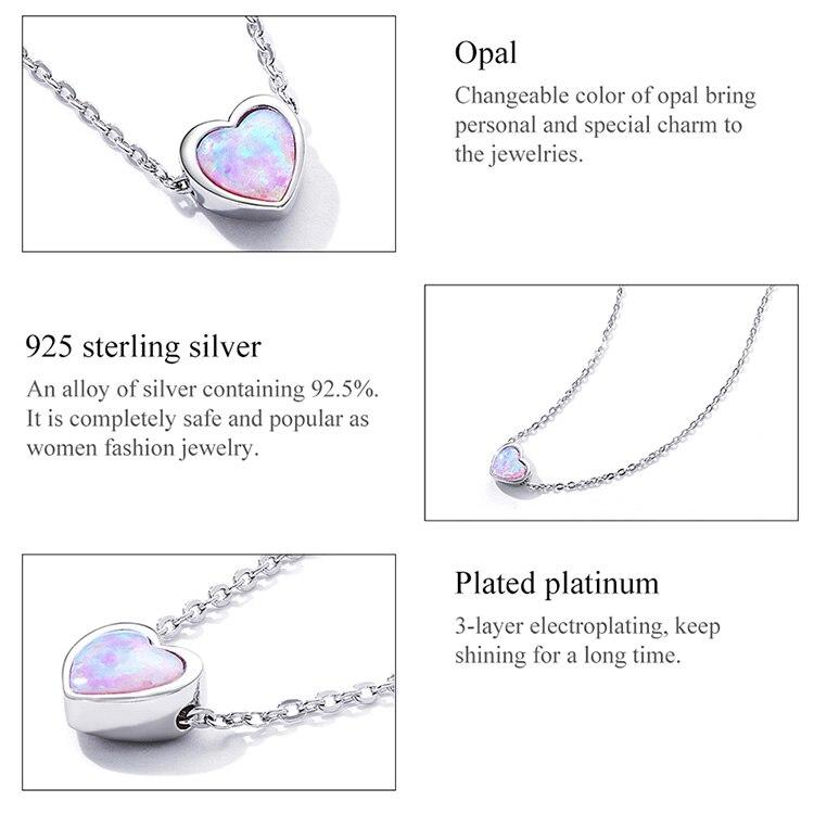 WOSTU Real 925 Sterling Silver Simple Style Shining Opal Heart Pendant Choker Necklace For Women Jewelry Gift