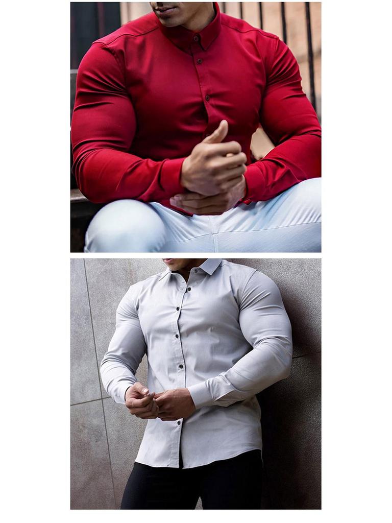 Мужская повседневная универсальная рубашка с длинным рукавом на весну/осень - Спортивная, привлекательная, однотонная, деловой стиль, отложной воротник