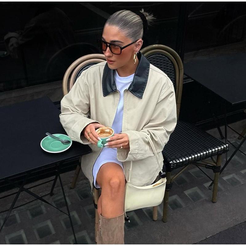 Contrast Casual Women's Jacket Full Sleeve Single Breasted Lapel Female Coats  Autumn Fashion Pockets Loose Lady Outwears