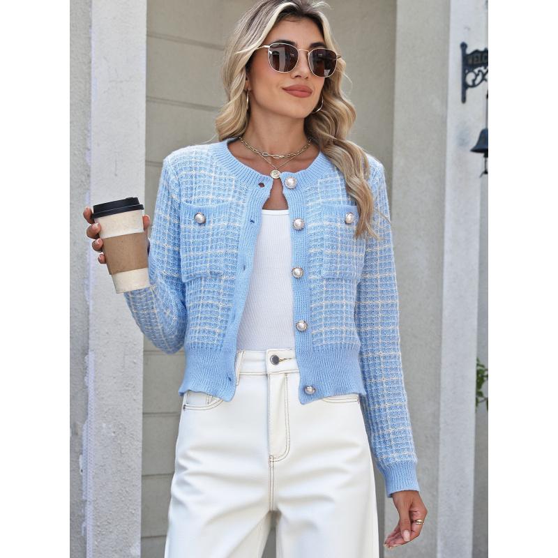 Женский клетчатый вязаный кардиган в стиле маленького аромата, элегантное пальто, модный свитер с жемчужными пуговицами для женщин