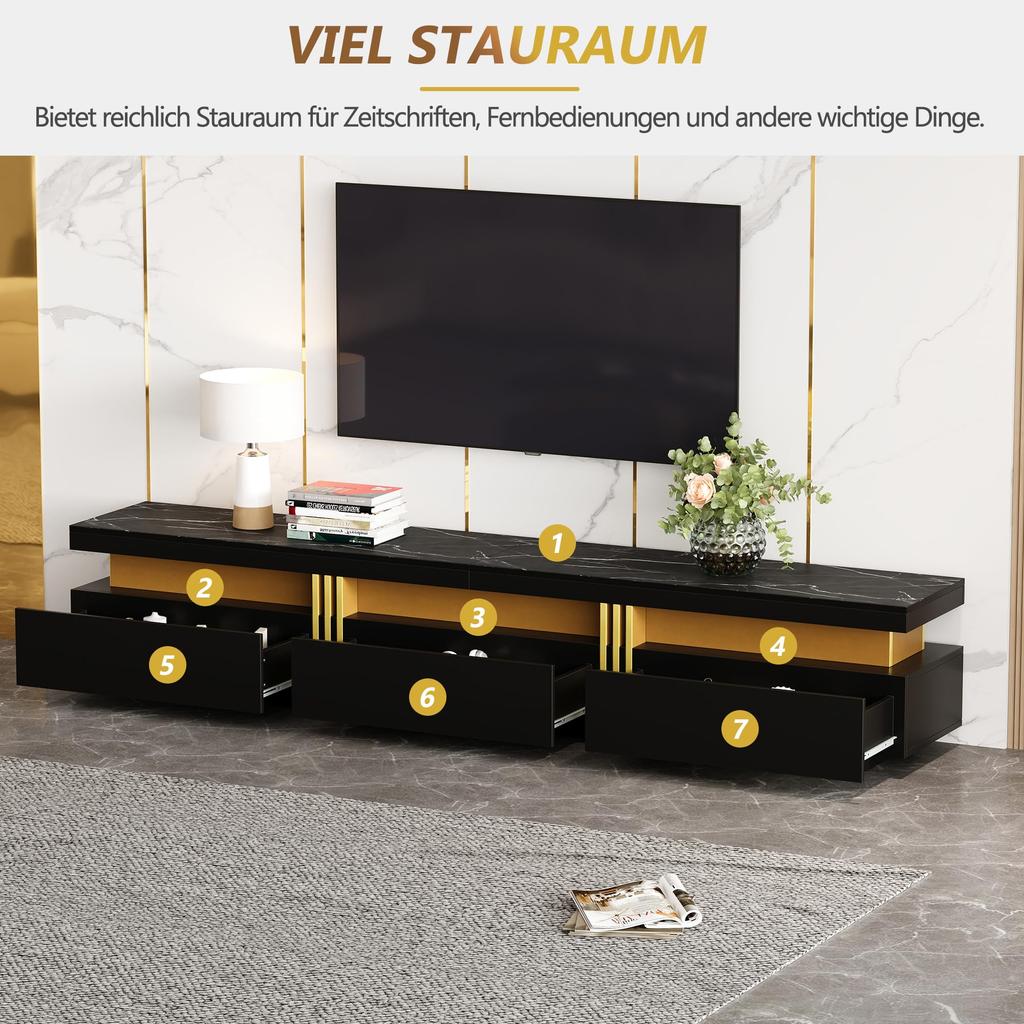 TV Cabinet TV Board Three Drawers, TV Stand for TVs Up To 90 Inches, TV Table Living Room, Dining Room, Bedroom, Ink. 200cm, Black