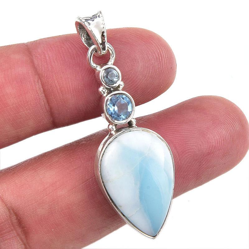 Natural Republic Larimar,Blue Topaz 925 Solid Sterling Silver Pendant 1.75" i2Y55