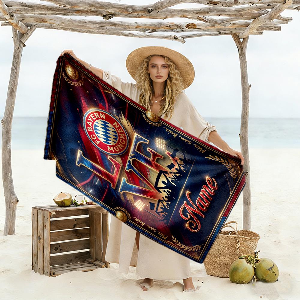 Love Bayern Munich Personalized Name Beach Towel Super Soft & Absorbent Suitable for Swimming Gym Camping Yoga Vacation