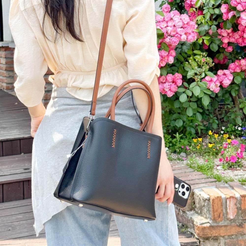 New Arrivals Open Run Women Classic Cowhide Stitch Square HAndle Tote Bag And Cl