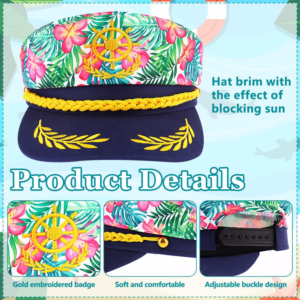 4 шт. Гавайские Цветочные Капитанские Шляпы - Регулируемые Шляпы Яхтенного Матроса Для Хэллоуина, Катания на Лодке, Морских и Вечеринок - Темно-Синие Вышитые Костюмы