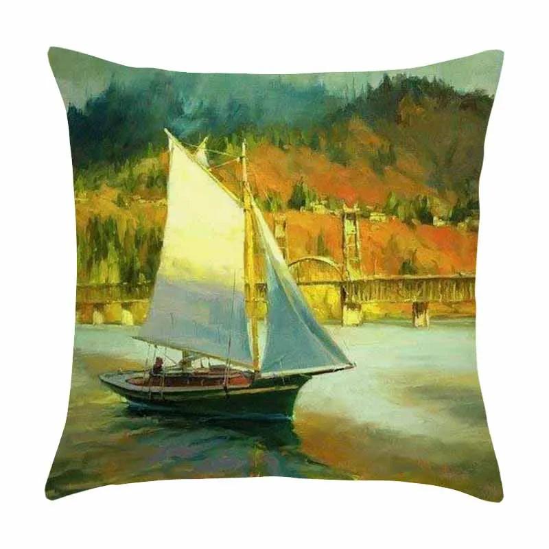 Красивая Масляная Живопись Парус Парусный Спорт Пейзаж Принт Узор Наволочка для Подушки Домашняя Гостиная Диван Украшение Подушка
