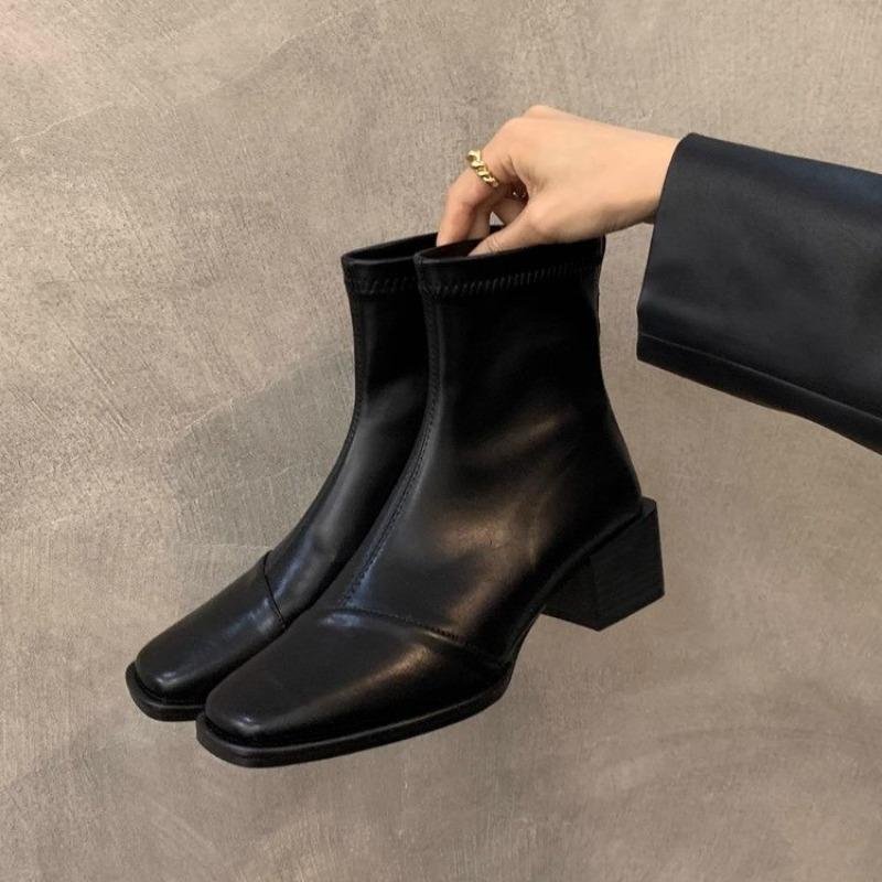 New Style Women's Vintage Women Slimming Ankle Boot Fashion Square Toe Shoes Autumn Winter Thick Heel Ladies Elegant Short Boots