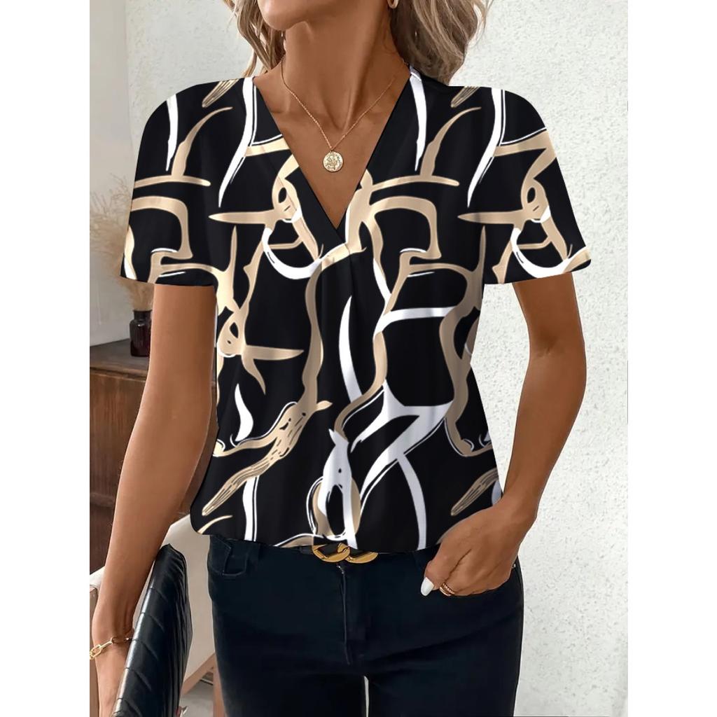 Fashion Casual Printed V-neck Top T-shirt for Women