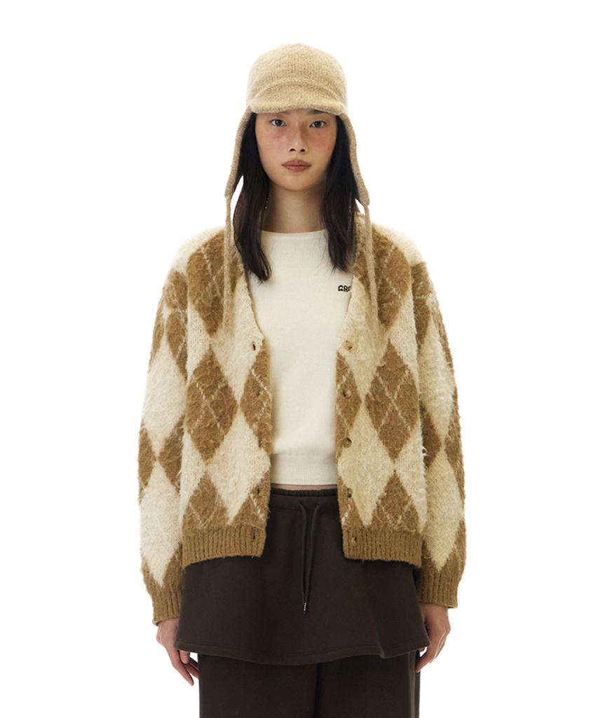 GROVE Aria Brushed Argyle Cardigan (Beige)