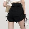Summer High Waist Denim Shorts Korean Style Black Blue Color Side Drawstring Double Buttons Up Short Jeans