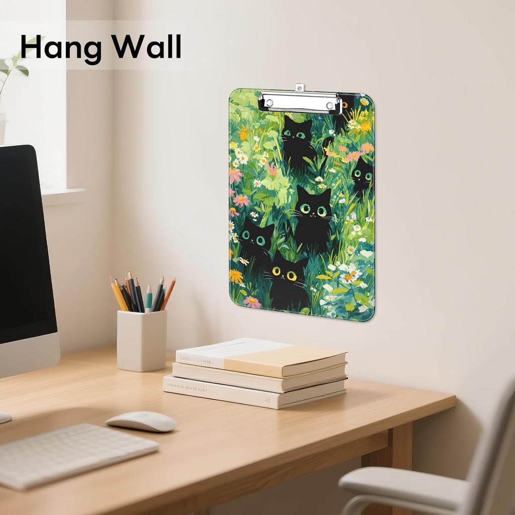 Plastic Cute Clipboard Low-Profile Metal Clip, A4 Letter Size 9 x 12.5 in, 8.5 x 11 Paper Clip Board for Teachers, Nurses, Classroom,Cute Black Cats