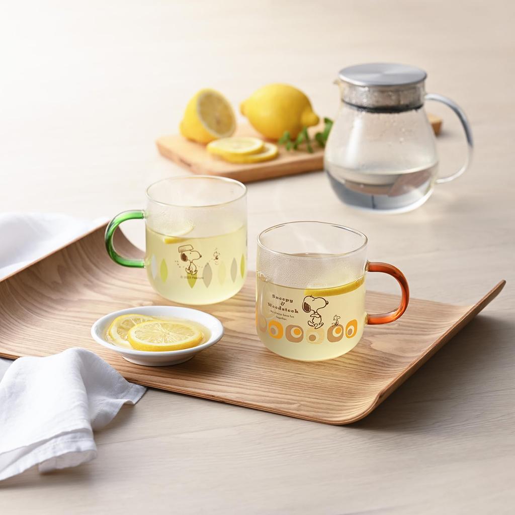 PEANUTS Snoopy Woodstock Стеклянный Цветной Кубик Сделано в 608141 & Термостойкая Кружка, Прибл.. 400 мл, Подходит для микроволновой печи, Ручка, Коричневый, Форма, Япония,