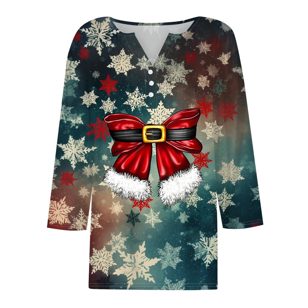 Женская рубашка с рукавом семь дюймов, напечатанная в стиле ретро, повседневная, свободная, с V-образным вырезом, рождественская