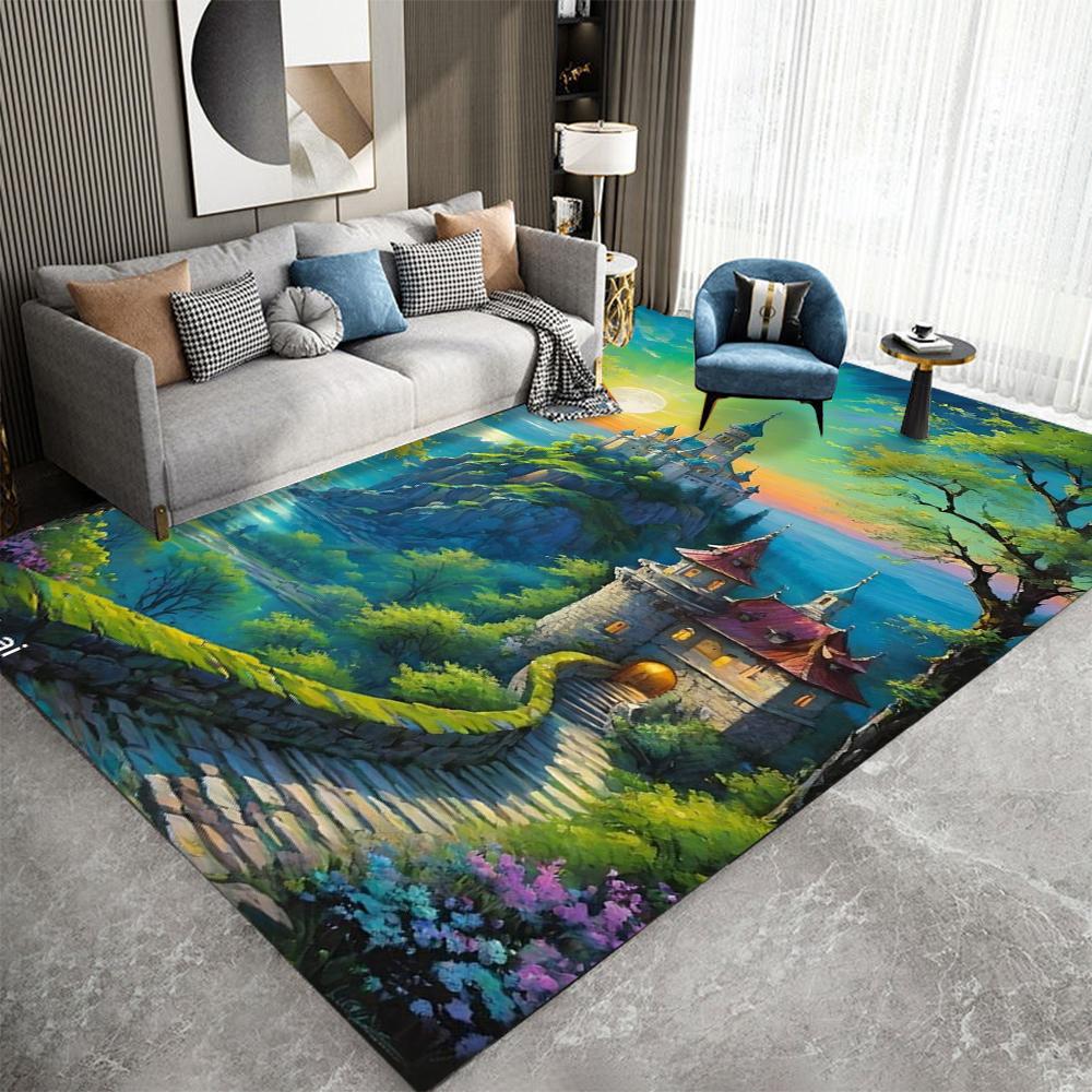 Ковер с тропическим пляжным пейзажем, с пальмами, цветами, винтажным автомобилем, прибрежной дорогой, узорами хижины на берегу для декора гостиной