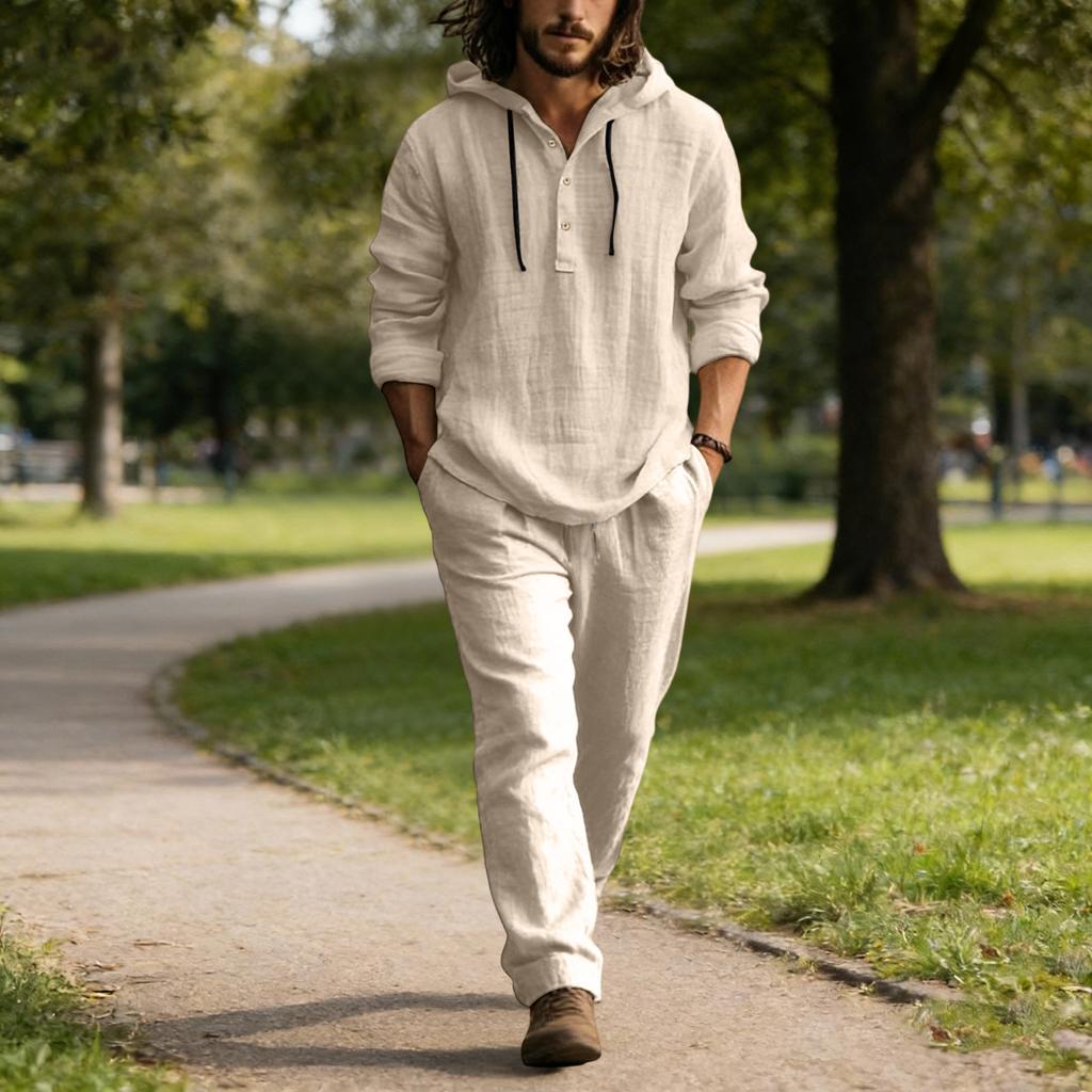 Мужской повседневный льняной комплект, Рубашка на пуговицах, Брюки с эластичным поясом и кулиской, Свободные, Удобный комплект из двух предметов