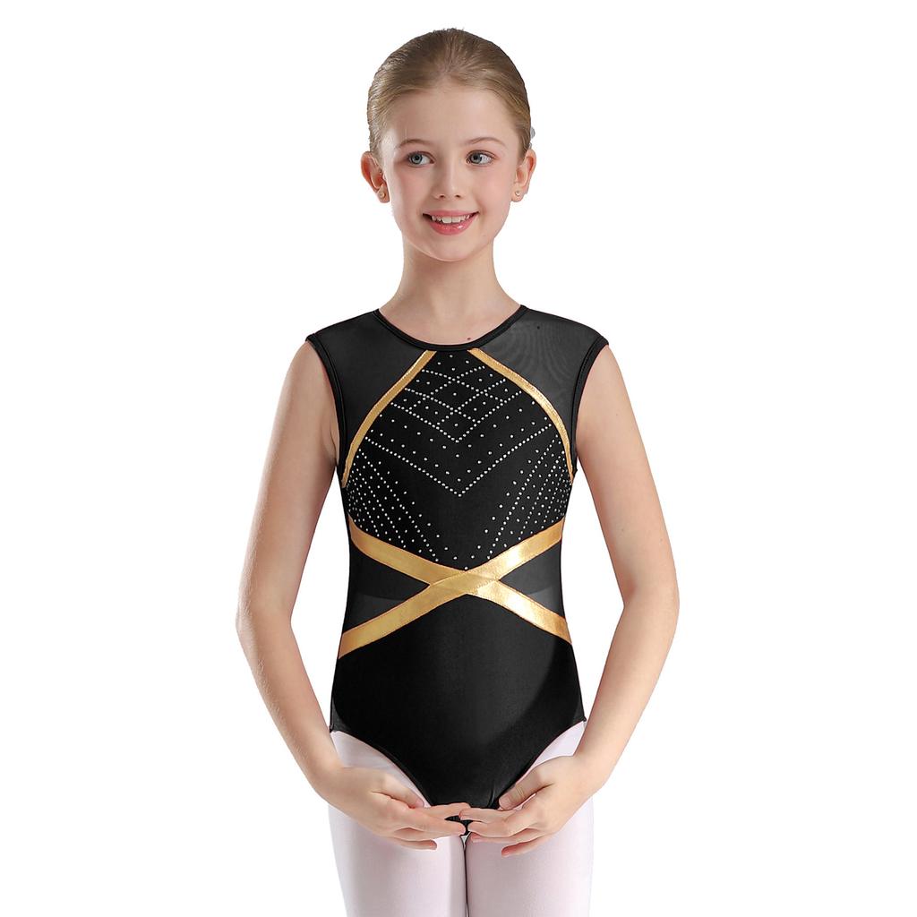3Pcs Girls Gymnastics Set - Sleeveless Leotard with Keyhole Back, Cross Vest & Rhinestone Shorts for Dance/Performance