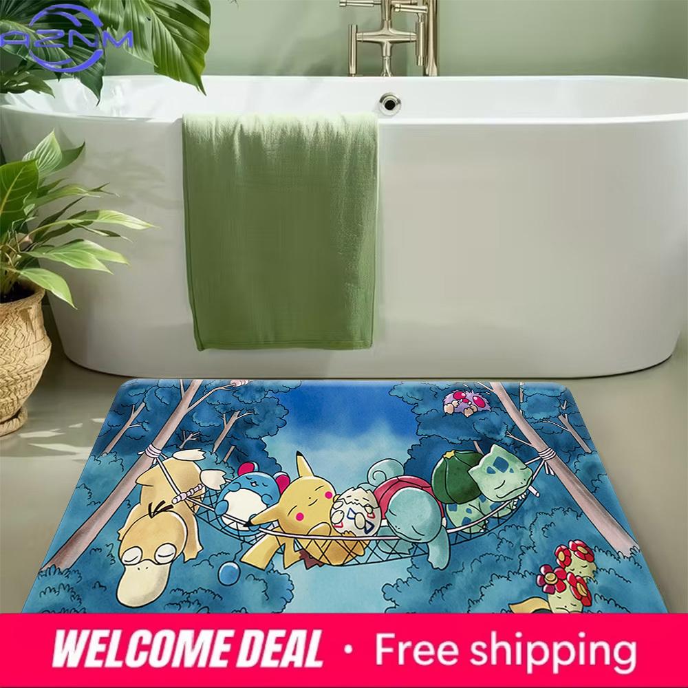 Pokemon Cute Characters Sleeping Hammock Print Non-slip Doormat, Soft Absorbent Floor Rug for Home Decor