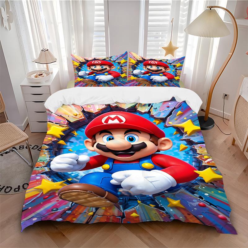 3pcs bedding set Mario Adventure Includes 1 Comforter + 2 Pillowcases, Without Pillow Inserts, Soft Comfortable,a0909172